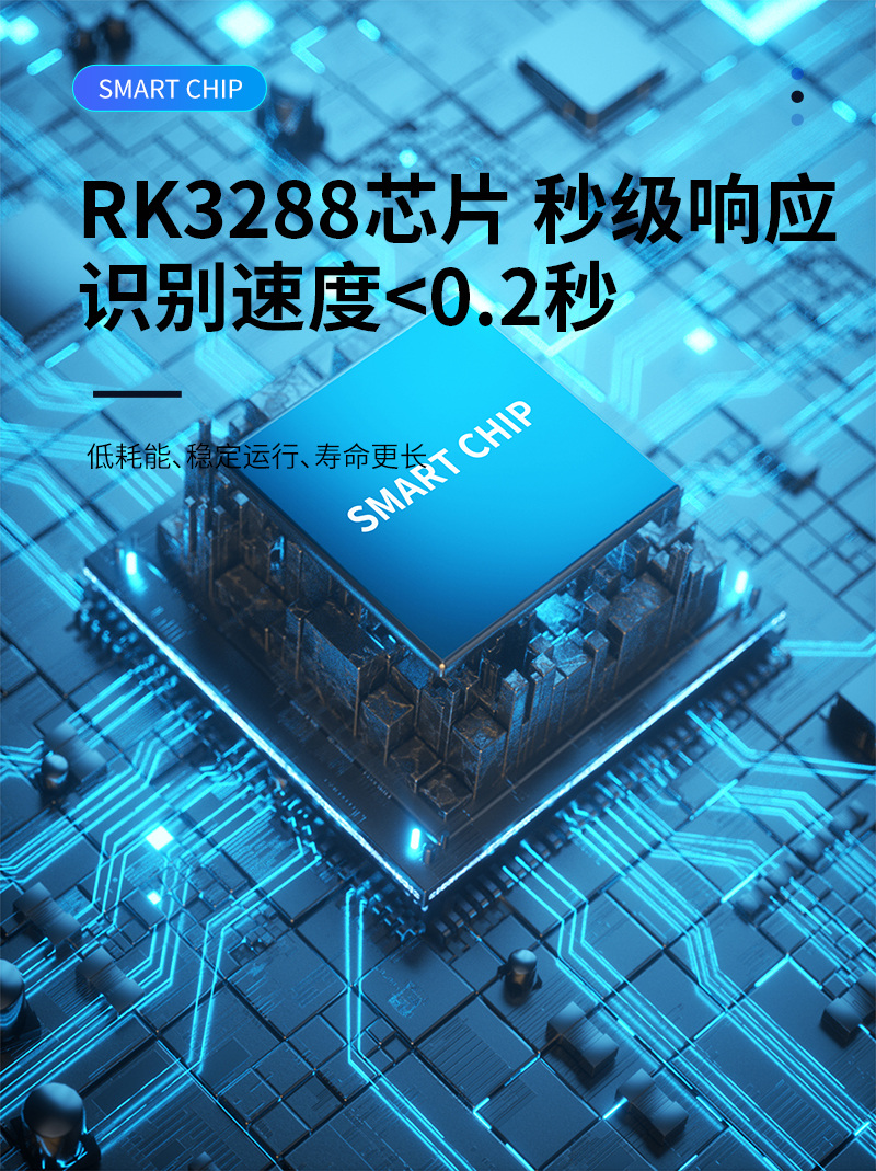 RK3288芯片,秒級(jí)響應(yīng),識(shí)別速度<0.2秒,低功耗、穩(wěn)定運(yùn)行、壽命長(zhǎng)