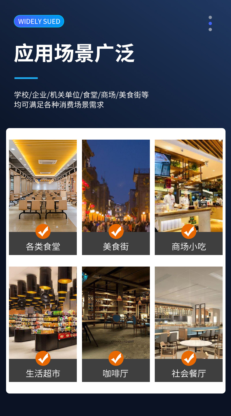 應(yīng)用場(chǎng)景廣泛,學(xué)校、企業(yè)、機(jī)關(guān)單位、食堂、商場(chǎng)、美食街等,均可滿(mǎn)足各類(lèi)消費(fèi)場(chǎng)景需求
