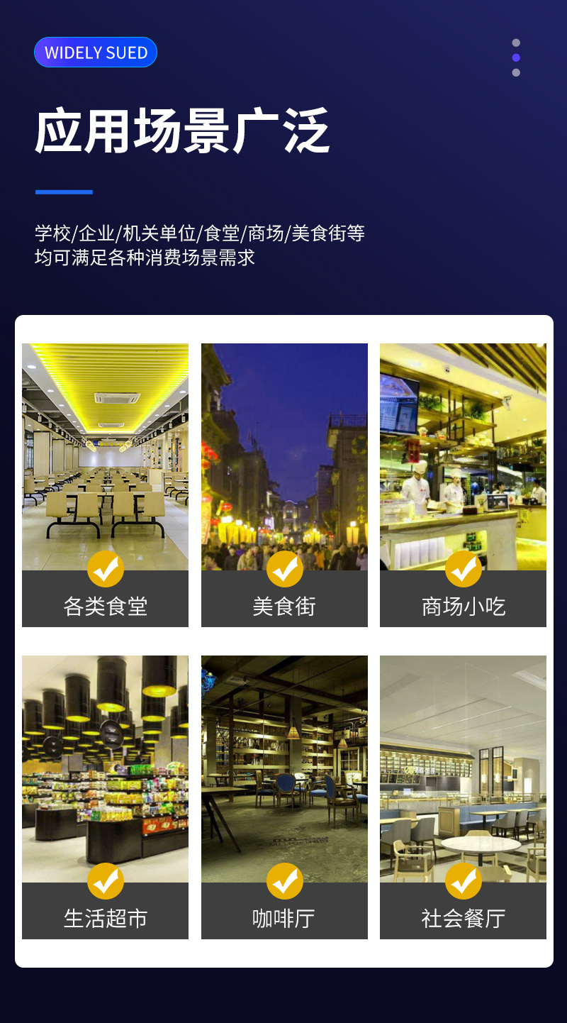 適用多種消費(fèi)場(chǎng)景，食堂、美食街、商場(chǎng)、超市、餐廳